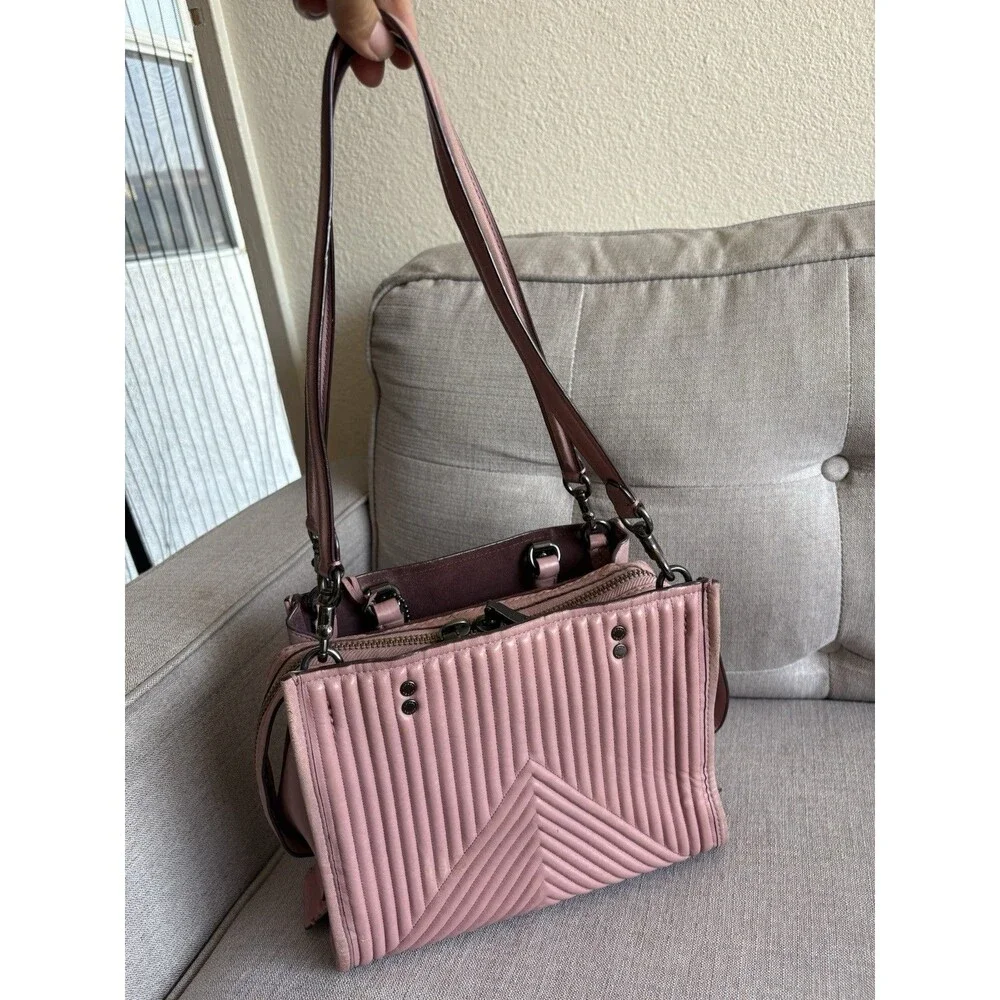 Coach 1941 Rogue 25 Dusty Rose Quilted Rivets Leather Satchel Handbag Shoulder